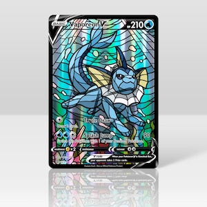 May include: A Pokemon trading card featuring Vaporeon, a water-type Pokemon. The card is illustrated in a stained glass style with a blue, green, and yellow color scheme. The card has the text "Vaporeon V" and "HP 210" at the top. The card also has the text "Triple Draw" and "Splash Jump" with their corresponding descriptions. The card has a V rule that states "When your Pokemon V is Knocked Out, your opponent takes 2 Prize cards."