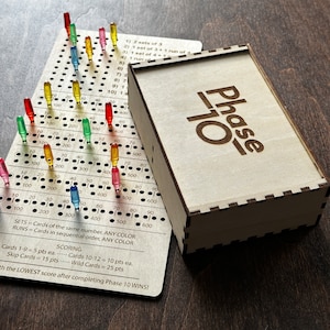 Phase 10 Laser Engraved Custom Card Game Box AND Score Board with Pegs for Family Game Night!