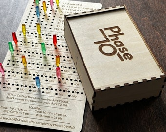 Phase 10 Laser Engraved Custom Card Game Box AND Score Board with Pegs for Family Game Night!