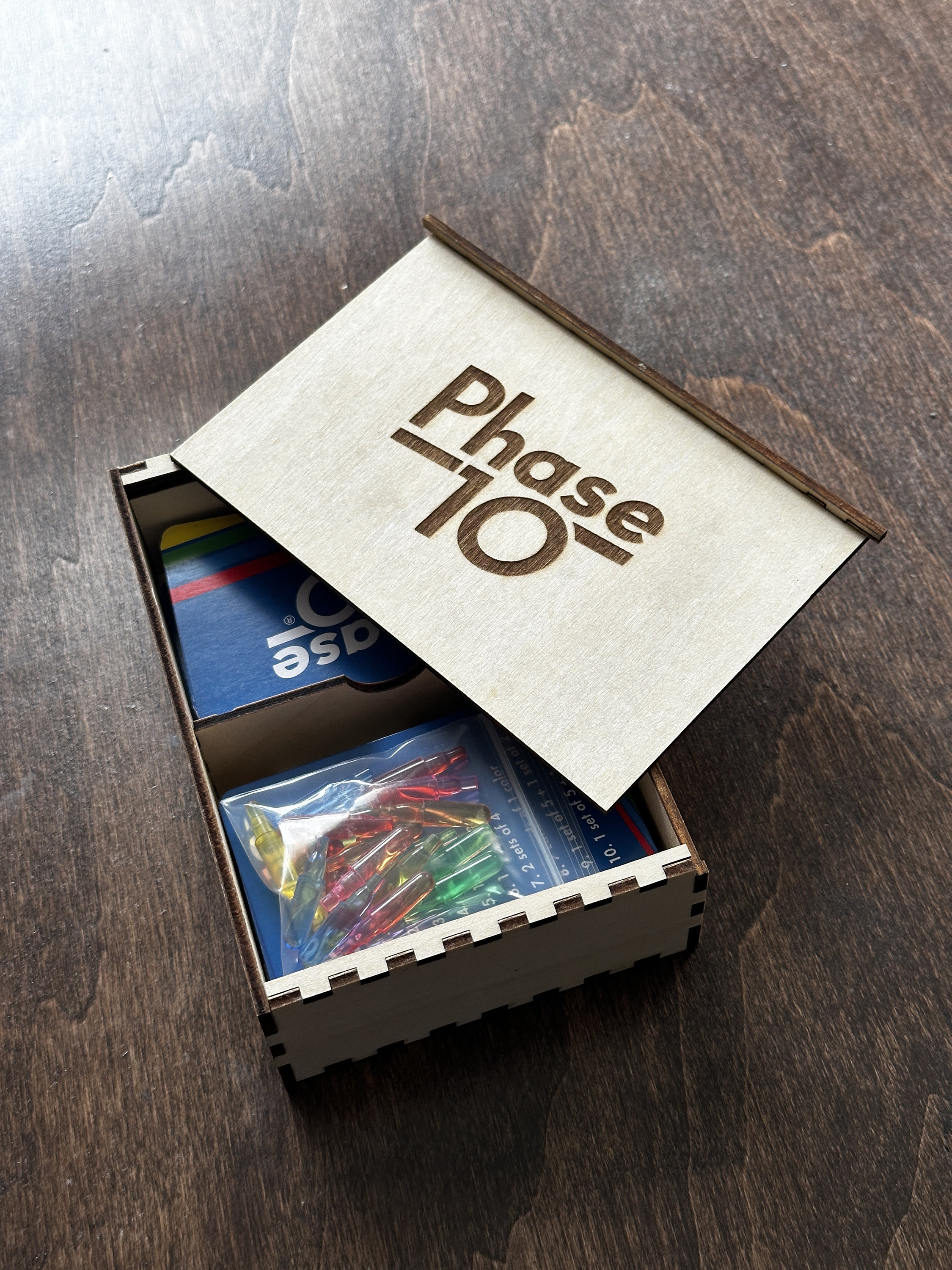 Phase 10 Laser Engraved Custom Card Game Box AND Score Board with Pegs for Family Game Night!