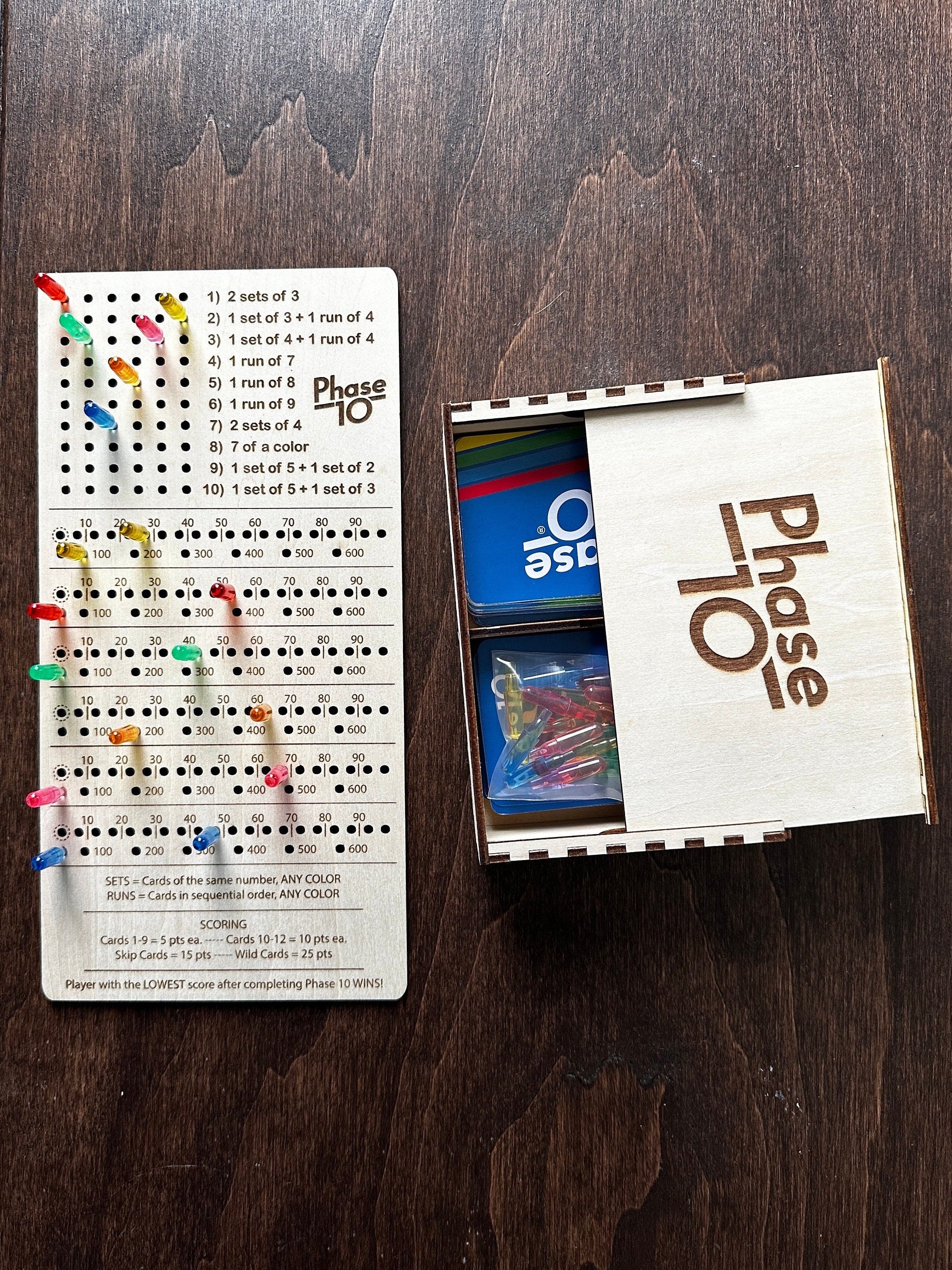 Phase 10 Laser Engraved Custom Card Game Box AND Score Board with Pegs for Family Game Night!