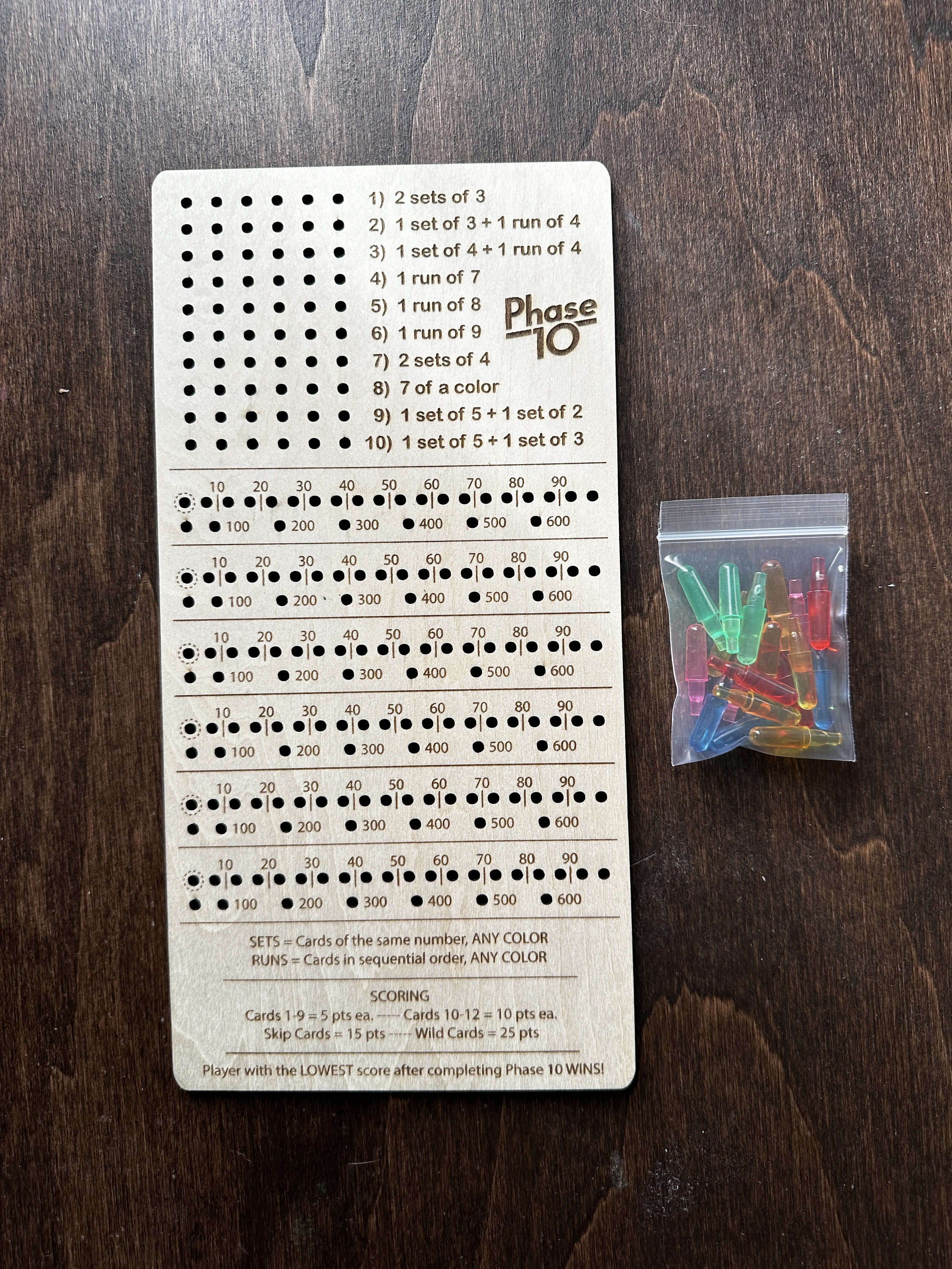 Phase 10 Laser Engraved Custom Card Game Box AND Score Board with Pegs for Family Game Night!