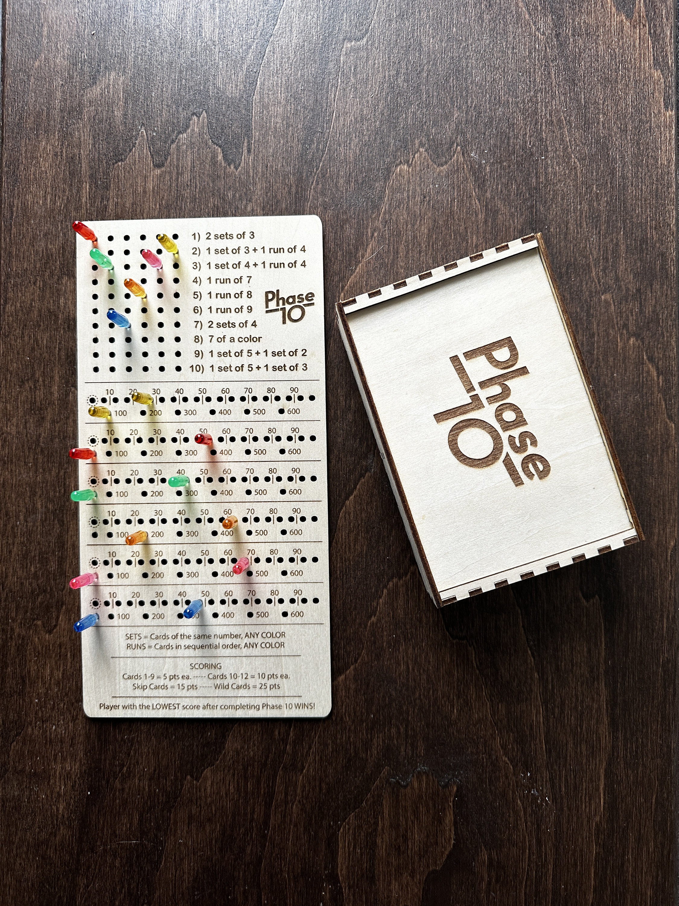 Phase 10 Laser Engraved Custom Card Game Box AND Score Board with Pegs for Family Game Night!