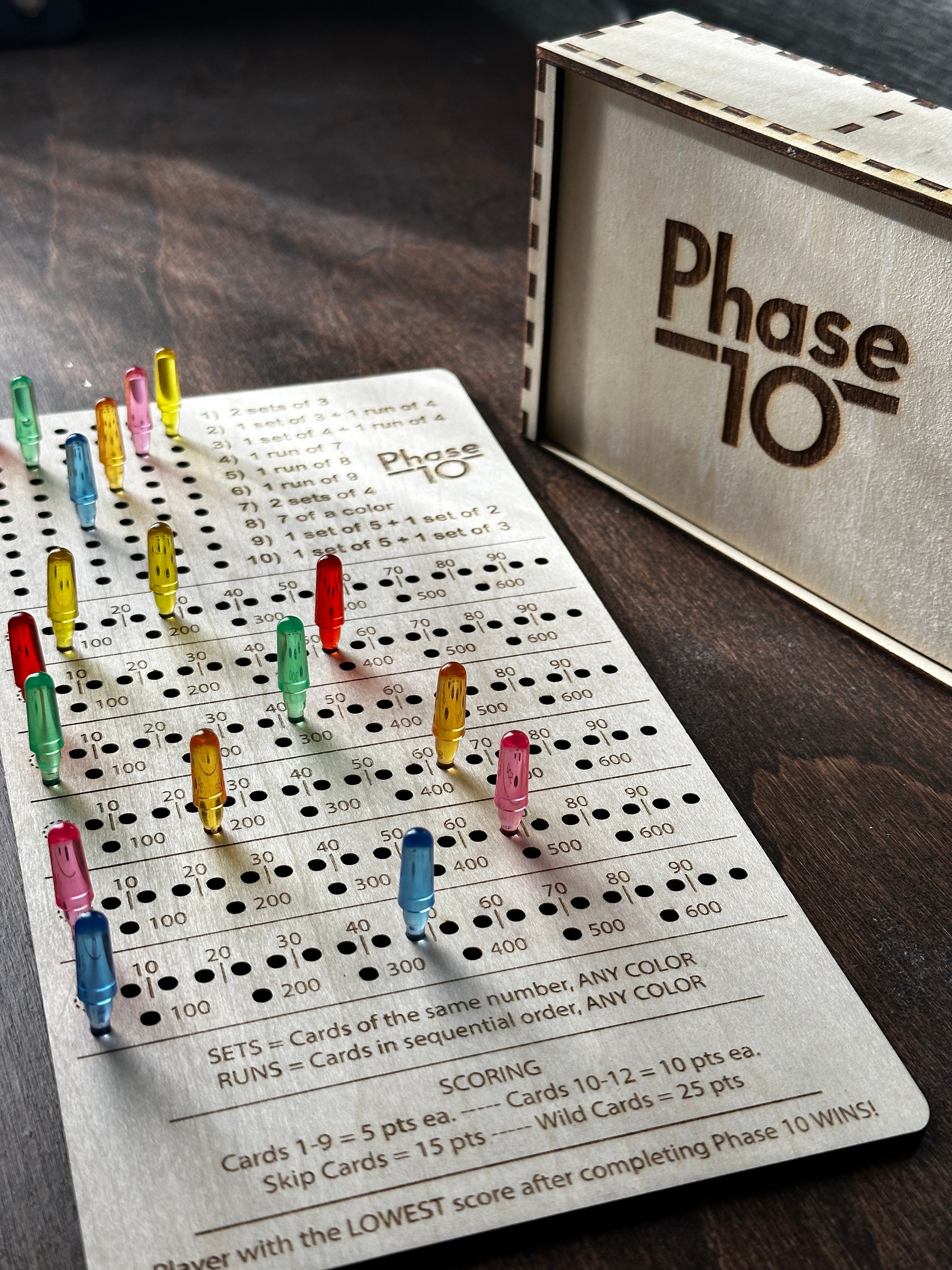 Phase 10 Laser Engraved Custom Card Game Box AND Score Board with Pegs for Family Game Night!
