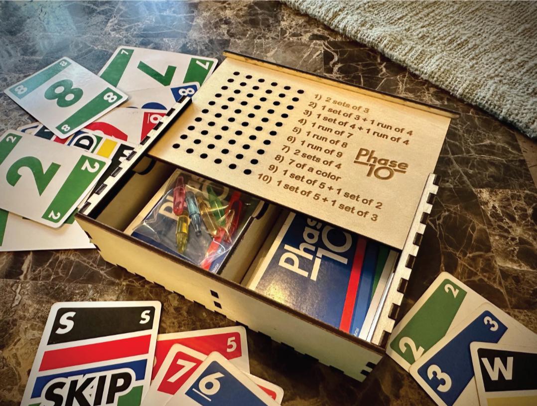 Phase 10 Laser Engraved Custom Card Game Box AND Score Board with Pegs for Family Game Night!