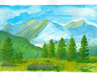 Mountain landscape and trees original watercolor painting 42cm x 28.5cm