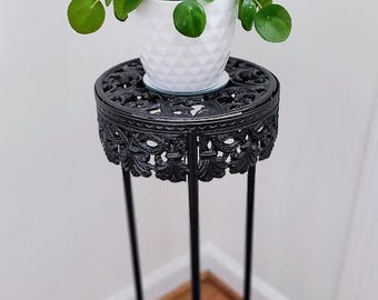 Ornate Black Metal Pedestal Plant Stand | Vintage-Inspired Accent Table | Sculptural Decorative Stand | Timeless Home Decor