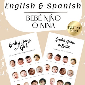 Jeu de baby shower bilingue « Bébé garçon ou fille », « Bebè Niño o Niña », anglais et espagnol