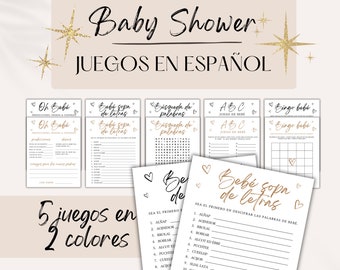 Paquete "Baby Shower Game" en español, dorado o negro minimalista, género neutro