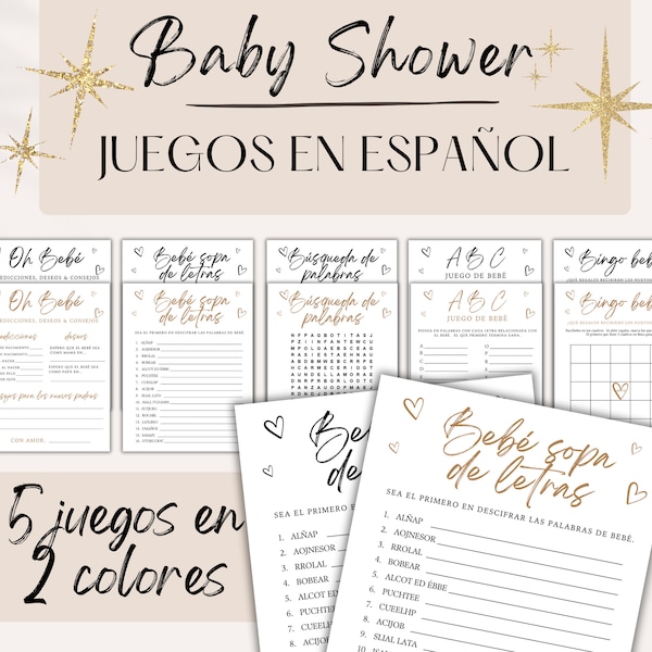Paquete "Baby Shower Game" en español, dorado o negro minimalista, género neutro