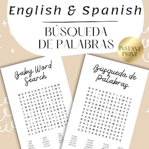 Caça-palavras em inglês e espanhol, jogo de chá de bebê bilíngue