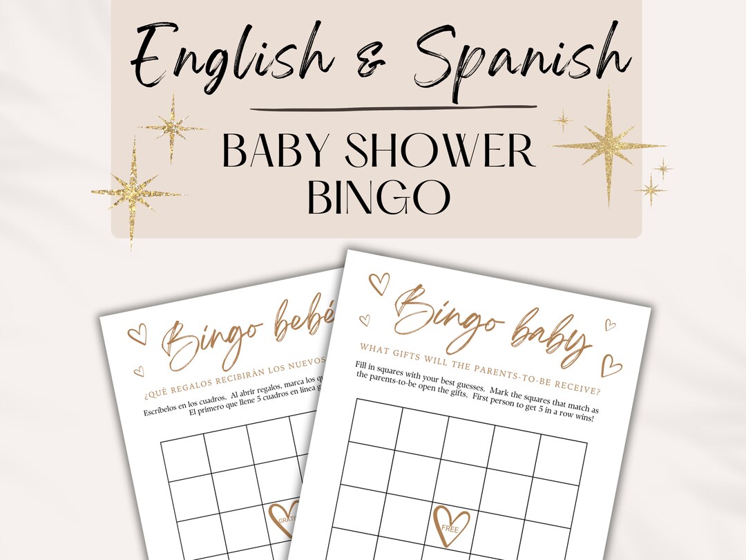 English &amp; Spanish Baby Bingo Printable Game, Gold or Black Minimalist ...