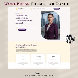 Peut inclure: Conception de site web pour un coach, avec une femme professionnelle en blazer violet. La conception comprend le texte "Elevate Your Leadership. Transform Your Impact." et "Lead with Purpose. Impact with Clarity."