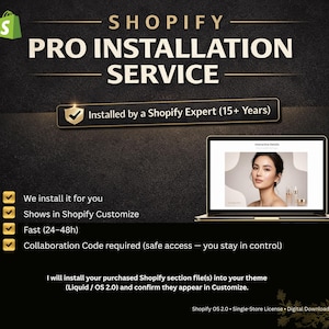 Op de afbeelding: Een promotionele afbeelding voor Shopify Pro Installation Service. De afbeelding toont een laptop met een advertentie voor een schoonheidsproduct. Tekst omvat "Shopify Pro Installation Service" en "Installed by a Shopify Expert (15+ Years)." Extra tekst markeert kenmerken.