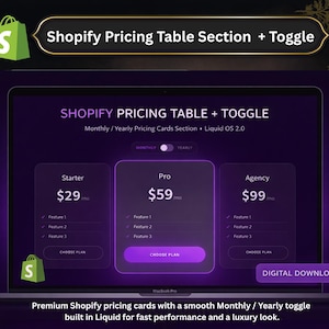 Peut inclure: Un écran d'ordinateur portable affiche un tableau de tarification Shopify avec des options mensuelles et annuelles. Le tableau présente trois forfaits : Starter, Pro et Agency, chacun avec un prix et une liste de fonctionnalités. Le design est violet et blanc avec le texte "Shopify Pricing Table + Toggle".