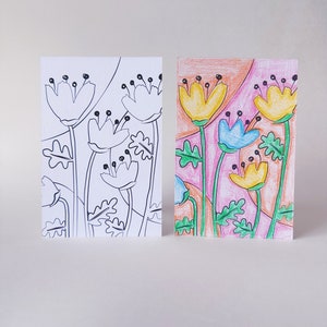 Cartoline da colorare con fiori e piante / Set di 9 cartoline / 6 mini matite colorate / Cartoline 4x6 / Colora le tue cartoline / Cartolina fai da te immagine 2