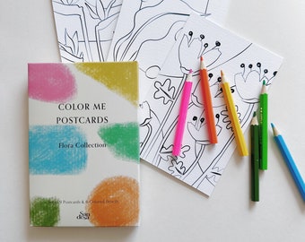 Flowers & Plants Color In Postcards | Set of 9 Postcards | 6 Mini Colored Pencils | 4x6" Postcards | Color Your Own Postcards | DIY Postcard