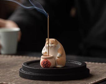 Brûleur d'encens en céramique peint à la main, motif chat porte-bonheur, avec coffret cadeau