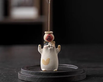 Porte-encens en céramique fait main en forme de chat porte-bonheur - Décoration d'intérieur fantaisiste