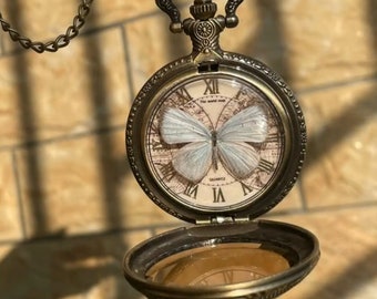 Collana vintage con orologio da tasca a farfalla, design unico, colore bronzo antico/argento, gioielli ispirati alla natura