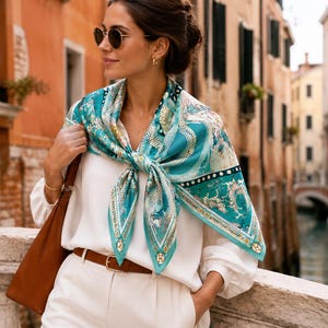 Peut inclure: Un foulard carré en soie orné d'un motif décoratif dans les tons turquoise, blanc et doré, noué sur une blouse blanche à manches longues. L'image comporte une indication de mesure de 110 cm dans le coin inférieur droit.