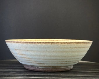 May include: A white ceramic bowl with a brown rim and a textured surface. The bowl has a slightly flared lip and a rounded base.