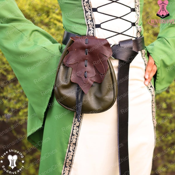 Medieval Larp Leather Belt Bag, Renaissance Fairy Elven Leaf Bag, Viking Steampunk Cosplay Belt, Ren Faire Vintage Pirate Waist Belt Pouch