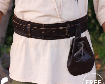 Renaissance Viking Goth Belt Bag, Medieval Pirate Leather Belt, Ren Faire Viking Larp Bag, Fantasy Steampunk Cosplay Wide Waist Belt Pouch