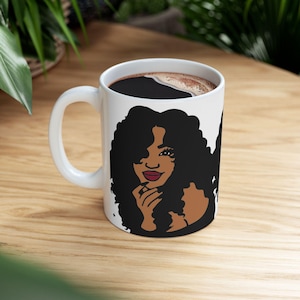 Black Woman with Curly Hair and Red Lips Ceramic Mug, Afrocentric Coffee Cup, Ethnic Gift for Her, African American Tea Mug, Natural Hair