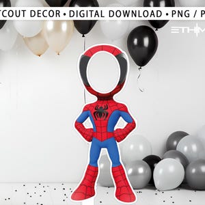 Puede incluir: Un recorte de fotomatón de Spider-Man con una abertura para la cara. El recorte es rojo, azul y negro, con el logotipo de Spider-Man en el pecho. El fondo incluye globos negros, blancos y grises. El texto en la parte superior dice "CUTOUT DECOR • DIGITAL DOWNLOAD • PNG / PDF".