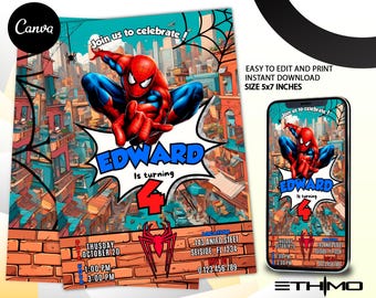 May include: A Spider-Man themed birthday invitation. The invitation features the name "EDWARD" and the number "4". The design includes the text "Join us to celebrate!" and event details. A smartphone displays the same design.