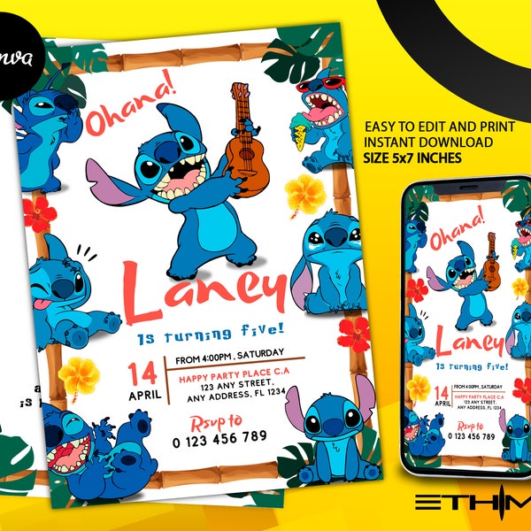 Invitation d'anniversaire Stitch 626 | Fête des points | Invitation à une fête de point | Invitation à une fête sur la plage | Invitation à une fête d'anniversaire au bord de la piscine | Invitation numérique