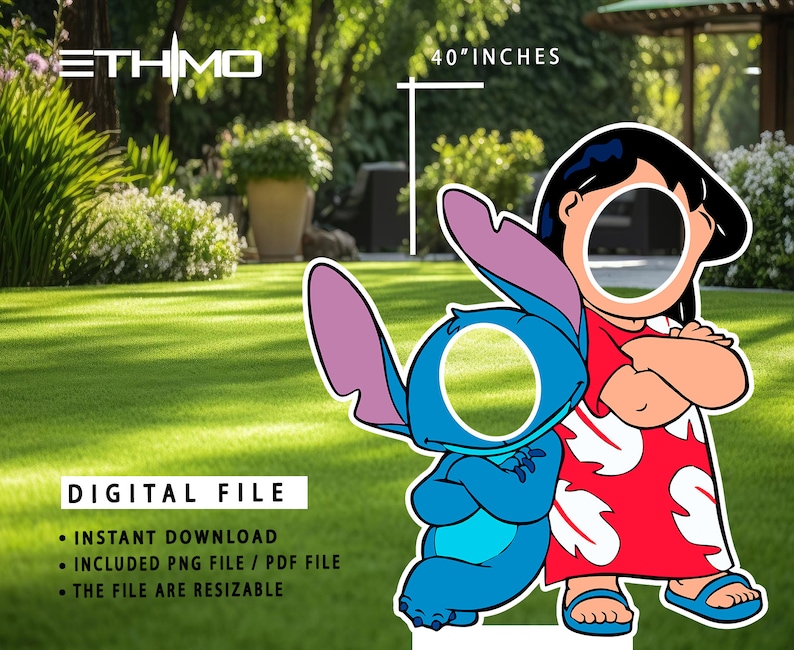 Puede incluir: Un recorte de cart&oacute;n imprimible de Stitch y Lilo de Lilo & Stitch de Disney, de 101,6 cm de alto. Los personajes son azules, rosas, rojos y negros. El recorte est&aacute; dise&ntilde;ado para que se coloque una cara en el agujero.