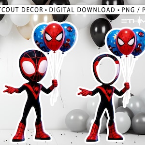 Puede incluir: Decoración recortada con dos figuras de Spider-Man. Una es una figura completa, la otra tiene un recorte facial. Ambas visten trajes negros y rojos, sosteniendo globos. Los globos son rojos y azules con caras de Spider-Man.