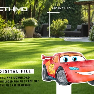 May include: A digital file of a red cartoon race car with a number 95 on the side. The car is 40 inches tall and is available for instant download as a PNG or PDF file. The file is resizable.