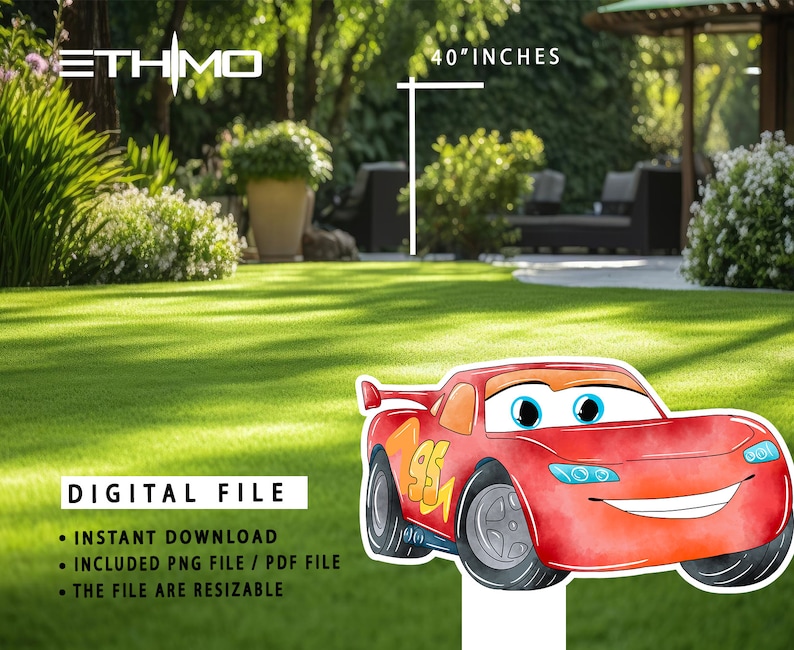 May include: A digital file of a red cartoon race car with a number 95 on the side. The car is 40 inches tall and is available for instant download as a PNG or PDF file. The file is resizable.