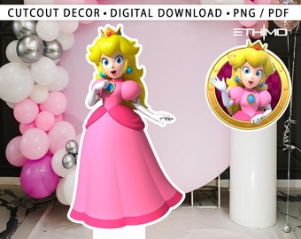 Découpe Princesse Peach - Toile de fond Mario Peach - GRAND DÉCOR, Décoration de fête découpée, Accessoire de stand-up pour fête d'anniversaire, Téléchargement numérique