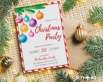 Merry Little Christmas Party Invitation, Holiday Party Invite, Printable Christmas Ornament Invitation Template, Festive Party Evite