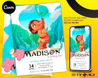 Editable Baby Moana Birthday Invitation | Printable Baby Moana Birthday invite | Kids party Template | Invite in Canva | Instant Download