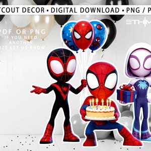 Puede incluir: Decoración recortada con personajes de Spider-Man, globos y una tarta de cumpleaños. La imagen incluye el texto "CUTCOUT DECOR • DIGITAL DOWNLOAD • PNG / PDF" y "PDF OR PNG IF YOU NEED ANOTHER SIZE LET US KNOW". Los personajes son de color rojo, negro y azul.