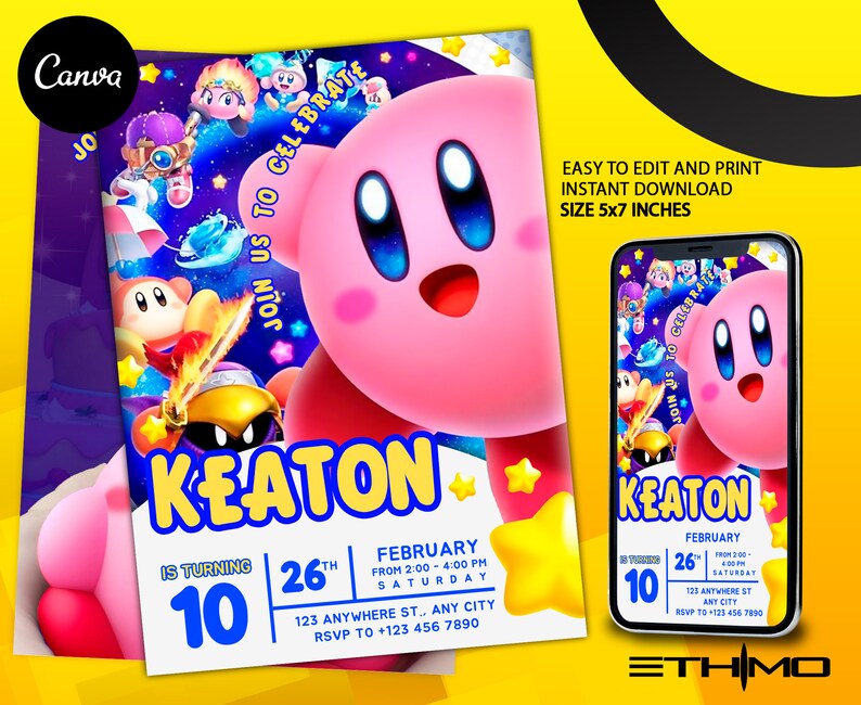 Editable Kirby Birthday Invitation Template Printable Birthday Party