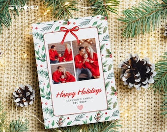 Photo Christmas Card Template, Merry Christmas Card , Bow Holiday Card, Classic Botanical Christmas Card, Digital Christmas Cards Template