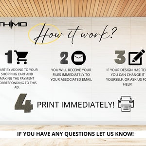 May include: A white wall with black text and illustrations explaining how to purchase and download digital files. The text reads: "How it work?"  "Start by adding to your shopping cart and making the payment corresponding to this ad." "You will receive your files immediately to your associated email." "If your design has text you can change it yourself, or ask us for help!" "Print immediately!" "If you have any questions let us know!"