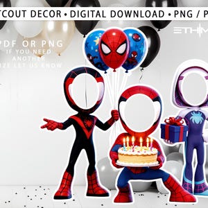 Puede incluir: Decoraciones recortadas con tres figuras de superhéroes con recortes faciales. Una figura sostiene un pastel de cumpleaños con velas encendidas. Globos de Spider-Man en el fondo. El texto "CUTOUT DECOR • DIGITAL DOWNLOAD • PNG / PDF" está en la parte superior.