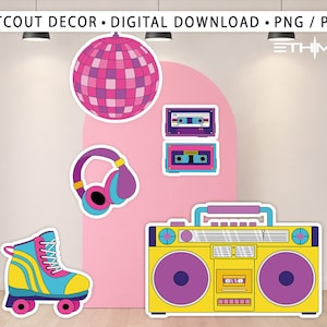 Puede incluir: Decoración digital recortada con una bola de discoteca, auriculares, patines, cintas de cassette y un radiocasete. Los elementos son de colores brillantes, incluyendo rosa, morado, amarillo y azul. El texto "CUTOUT DECOR • DIGITAL DOWNLOAD • PNG / PDF" está en la parte superior.