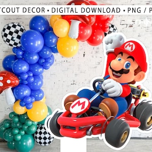 May include: A cutout of Mario from the Super Mario video game series driving a red go-kart. Mario is wearing his signature red hat and blue overalls. The go-kart has a large "M" on the side. The cutout is surrounded by a balloon arch with blue, yellow, green, and red balloons.
