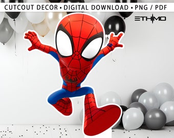 Może przedstawiać: Wycięta dekoracja Spider-Mana w dynamicznej pozie, z czerwono-niebieskim kostiumem i dużymi białymi oczami. Obraz zawiera tekst "CUTOUT DECOR • DIGITAL DOWNLOAD • PNG / PDF" oraz logo Ethmo. Balony w kolorze czarnym, białym i szarym w tle.
