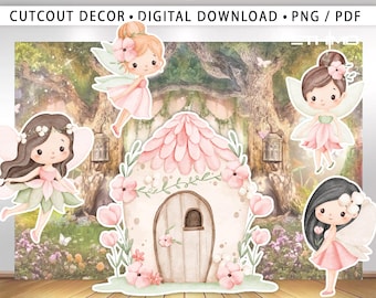 May include: A digital download featuring a whimsical fairy-themed cutout decor. The image showcases a fairy house with pink accents, surrounded by cartoon fairies in pink dresses and green wings. The background depicts a forest scene with trees and flowers.