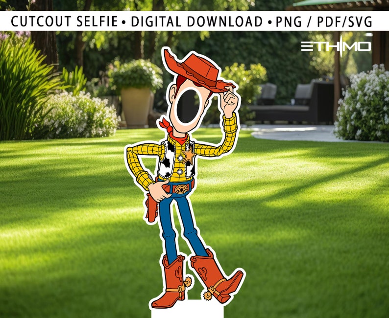 May include: A cutout of Woody from Toy Story, with a blank space for a face. He is wearing his signature cowboy hat, vest, and jeans. The background is a green lawn.