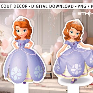 May include: A printable cutout of Princess Sofia the First wearing a purple dress with a crown and a necklace. The cutout is perfect for a birthday party or other celebration.